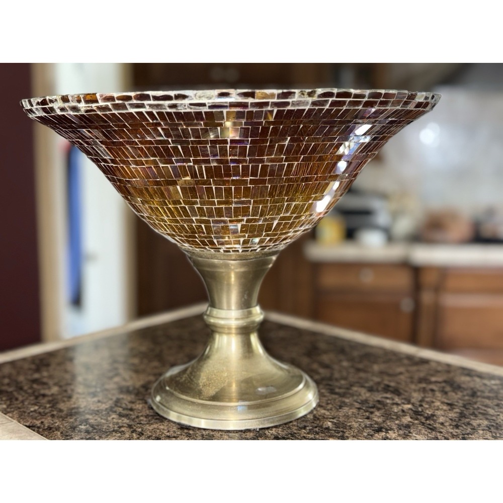 Vintage Mosaic Glass Pedestal Bowl Amber Gold Boho MCM Eclectic Centerpiece